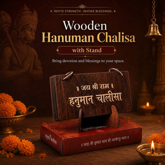 Premium Wooden Hanuman Chalisa with Stand, Deep Laser Engraved Plates | Stainless Steel Rings