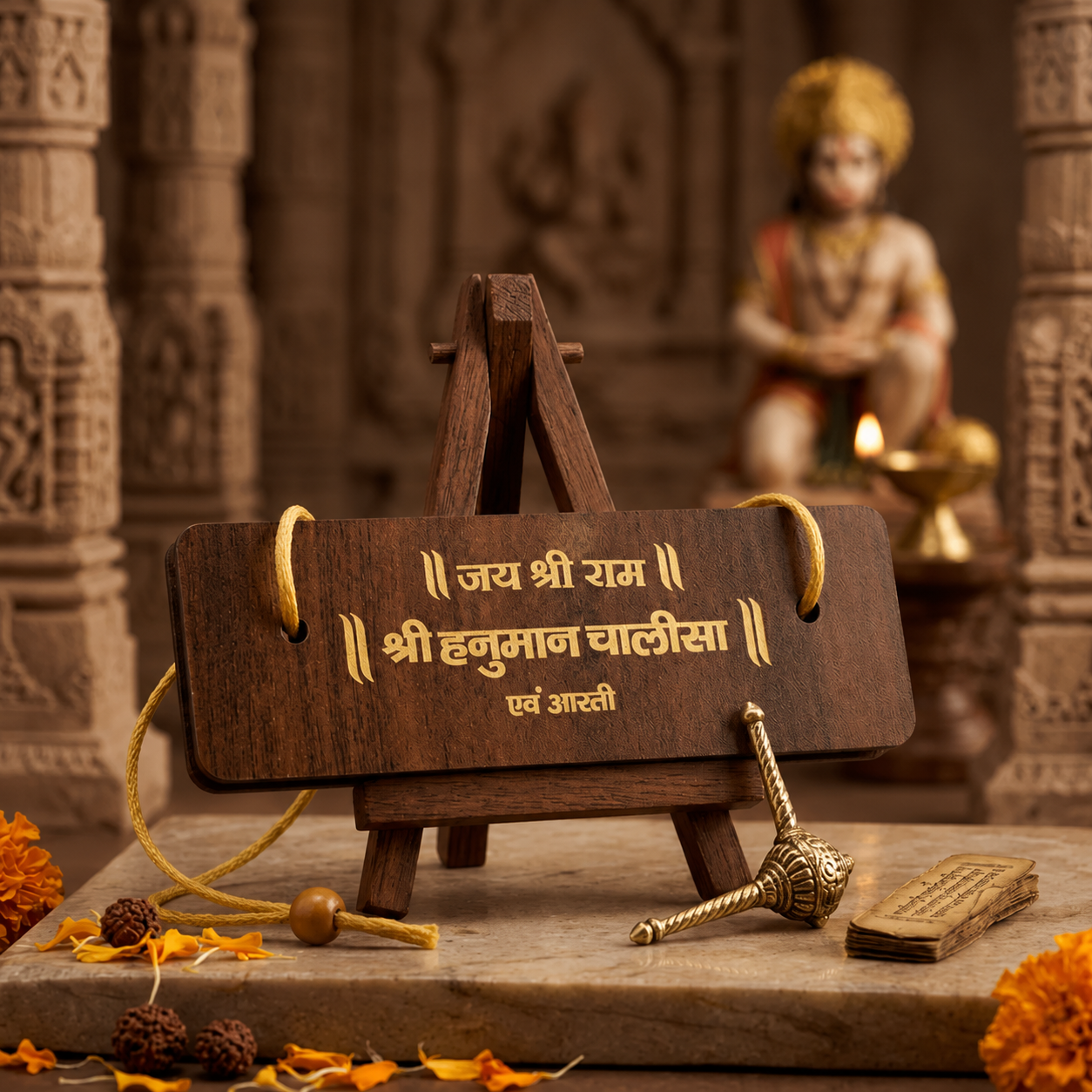 Premium Wooden Hanuman Chalisa with Stand, Deep Laser Engraved Plates | Stainless Steel Rings