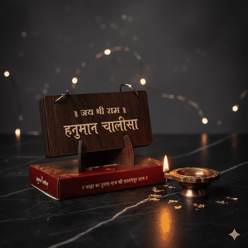 Premium Wooden Hanuman Chalisa with Stand, Deep Laser Engraved Plates | Stainless Steel Rings